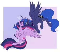 Size: 1358x1177 | Tagged: safe, artist:lulubell, derpibooru import, princess luna, princess twilight 2.0, twilight sparkle, twilight sparkle (alicorn), alicorn, pony, the last problem, eye contact, female, flying, heart, lesbian, looking at each other, mare, shipping, twiluna