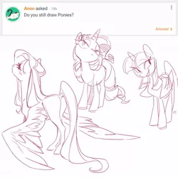 Size: 1200x1200 | Tagged: safe, artist:glacierclear, derpibooru import, fluttershy, rarity, twilight sparkle, twilight sparkle (alicorn), alicorn, pegasus, pony, unicorn, butt, curiouscat, eyes closed, female, mare, monochrome, plot, simple background, sketch, smiling, spread wings, standing, trio, white background, wings