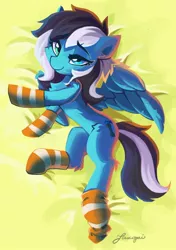 Size: 1280x1819 | Tagged: safe, artist:saxopi, derpibooru import, oc, oc:euro, unofficial characters only, pegasus, pony, clothes, socks, solo, striped socks