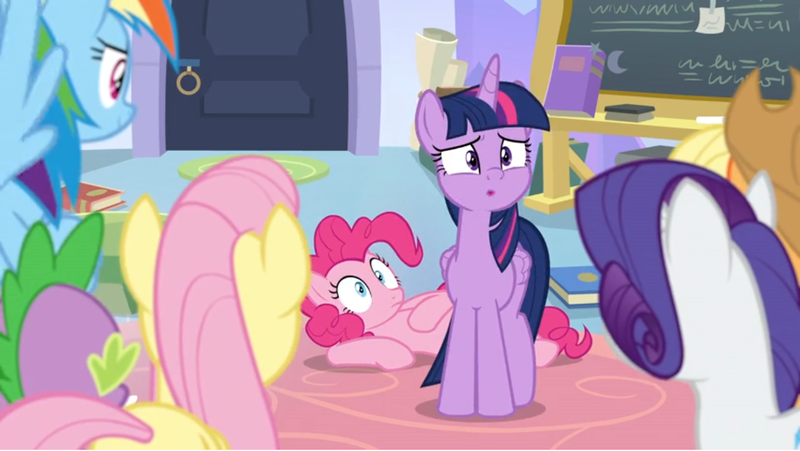 Size: 1366x770 | Tagged: alicorn, book, carpet, chalk, chalkboard, derpibooru import, door, fluttershy, lying down, pinkie pie, rainbow dash, rarity, roll, rug, safe, screencap, spike, the ending of the end, twilight sparkle, twilight sparkle (alicorn), worried