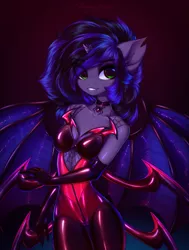 Size: 1845x2440 | Tagged: suggestive, artist:tomness, derpibooru import, oc, oc:kuro, unofficial characters only, alicorn, anthro, bat pony, bat pony alicorn, spider, alicorn oc, anthro oc, bat pony oc, bat wings, breasts, broken horn, choker, cleavage, clothes, costume, female, gloves, horn, latex, latex suit, long gloves, looking at you, mare, solo, solo female, wings