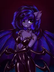 Size: 1845x2440 | Tagged: suggestive, alternate version, artist:tomness, derpibooru import, oc, oc:kuro, unofficial characters only, alicorn, anthro, bat pony, bat pony alicorn, spider, alicorn oc, anthro oc, bat pony oc, bat wings, breasts, broken horn, choker, cleavage, clothes, costume, female, gloves, horn, latex, latex suit, long gloves, looking at you, mare, solo, solo female, wings