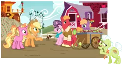 Size: 1849x989 | Tagged: safe, derpibooru import, edit, edited screencap, screencap, applejack, big macintosh, brandy (g4), cookie (character), dakota (character), fritter (character), granny smith, little mac, luster dawn, sugar belle, wichita (character), dog, earth pony, pony, unicorn, the last problem, accessories, clothes, colt, implied death, male, older big macintosh, older sugar belle, scarf, simple background, sweet apple acres, transparent background