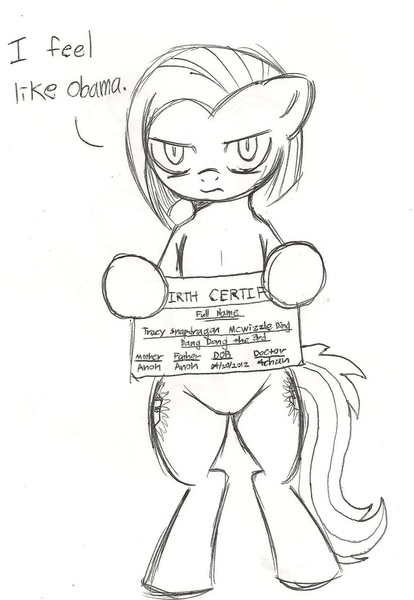 Size: 920x1332 | Tagged: 4chan, artist needed, birth certificate, derpibooru import, dialogue, lineart, /mlp/, monochrome, oc, oc:tracy cage, safe, simple background, solo, source needed, text, unofficial characters only, white background