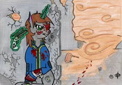 Size: 1649x1148 | Tagged: semi-grimdark, artist:assertiveshypony, derpibooru import, oc, oc:littlepip, unofficial characters only, pony, unicorn, fallout equestria, fanfic, bandage, blood, blood trail, clothes, covered in blood, drawing, fanfic art, female, glowing horn, gritted teeth, gun, handgun, hooves, horn, injured, levitation, little macintosh, magic, mare, optical sight, pipbuck, revolver, ruins, sandstorm, scope, solo, telekinesis, vault suit, wasteland, weapon