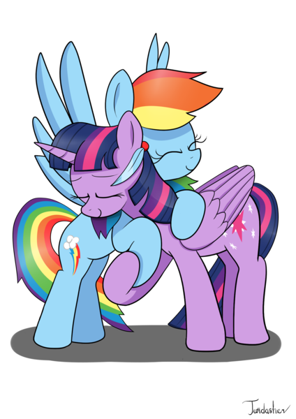 Size: 2480x3507 | Tagged: safe, artist:twidasher, derpibooru import, rainbow dash, twilight sparkle, twilight sparkle (alicorn), alicorn, pegasus, pony, blue feather, eyes closed, feather, female, holding hooves, hug, lesbian, mare, shipping, simple background, smiling, transparent background, twidash