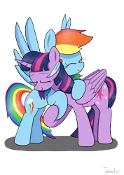 Size: 2480x3507 | Tagged: safe, artist:twidasher, derpibooru import, rainbow dash, twilight sparkle, twilight sparkle (alicorn), alicorn, pegasus, pony, blue feather, eyes closed, feather, female, holding hooves, hug, lesbian, mare, shipping, simple background, smiling, transparent background, twidash