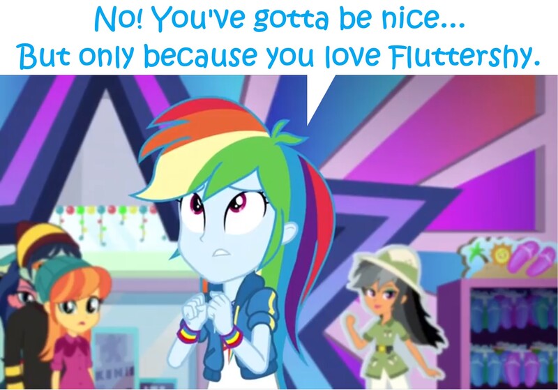 Size: 1920x1342 | Tagged: safe, derpibooru import, edit, edited screencap, editor:leonidus, screencap, chestnut magnifico, daring do, rainbow dash, equestria girls, equestria girls series, holidays unwrapped, spoiler:eqg series (season 2), cardboard cutout, clenched fist, dialogue, female, implied flutterdash, implied fluttershy, implied lesbian, implied shipping, looking up, shipping fuel, speech bubble, store, text