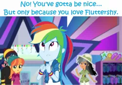 Size: 1920x1342 | Tagged: safe, derpibooru import, edit, edited screencap, editor:leonidus, screencap, chestnut magnifico, daring do, rainbow dash, equestria girls, equestria girls series, holidays unwrapped, spoiler:eqg series (season 2), cardboard cutout, clenched fist, dialogue, female, implied flutterdash, implied fluttershy, implied lesbian, implied shipping, looking up, shipping fuel, speech bubble, store, text