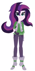 Size: 284x584 | Tagged: safe, artist:nightcorecat123, artist:painterede, derpibooru import, oc, oc:evening glitter, unofficial characters only, icey-verse, equestria girls, base used, boots, clothes, commission, equestria girls-ified, female, gloves, high heel boots, jeans, magical lesbian spawn, offspring, pants, parent:starlight glimmer, parent:sunset shimmer, parents:shimmerglimmer, shirt, shoes, simple background, solo, t-shirt, vest, white background