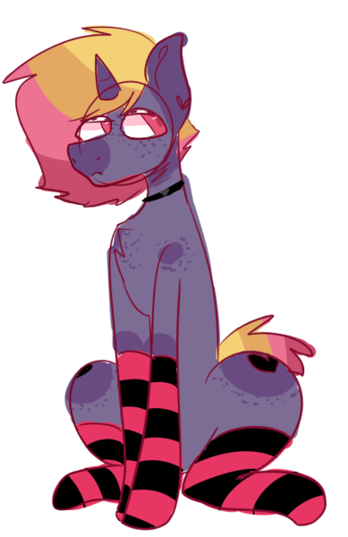 Size: 454x700 | Tagged: safe, artist:rad33, derpibooru import, oc, oc:meatbeat mania, pony, unicorn, clothes, cute, ear piercing, earring, freckles, jewelry, male, necklace, piercing, pink hair, short tail, socks, striped socks, yellow hair