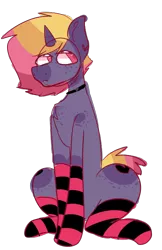 Size: 454x700 | Tagged: safe, artist:rad33, derpibooru import, oc, oc:meatbeat mania, pony, unicorn, clothes, cute, ear piercing, earring, freckles, jewelry, male, necklace, piercing, pink hair, short tail, socks, striped socks, yellow hair