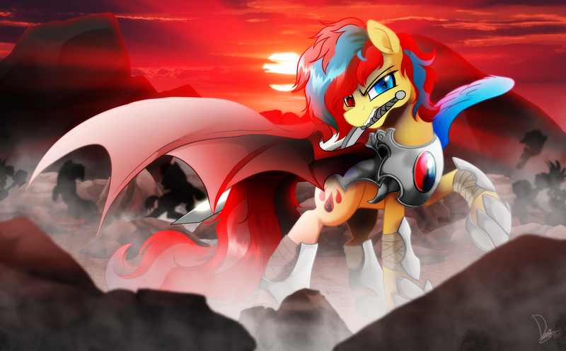 Size: 4000x2480 | Tagged: safe, artist:dormin-kanna, derpibooru import, oc, oc:starflame blood, unofficial characters only, pony, armor, commission, cutie mark, heterochromia, mouth hold, raised hoof, solo focus, sun, sword, war, weapon