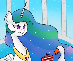 Size: 593x496 | Tagged: safe, artist:handgunboi, derpibooru import, princess celestia, alicorn, bird, goose, pony, cake, cakelestia, celestia is not amused, crossover, food, unamused, untitled goose game