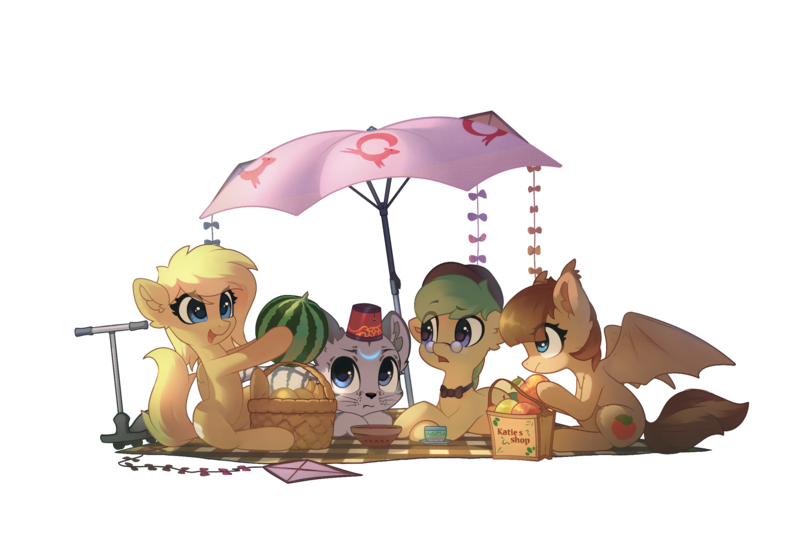 Size: 2500x1700 | Tagged: safe, artist:freeedon, derpibooru import, oc, oc:adeptus monitus, oc:lightly breeze, oc:lunette, oc:salem, unofficial characters only, bat pony, pony, bat pony oc, bat wings, food, kite, picnic, picnic blanket, scooter, simple background, sticker, tea, transparent background, umbrella, watermelon, wings