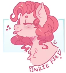 Size: 885x970 | Tagged: safe, artist:higuysimgrace, derpibooru import, pinkie pie, pony, :p, abstract background, blushing, bust, chest fluff, cute, diapinkes, eyes closed, heart, portrait, solo, tongue out