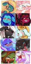 Size: 1300x2650 | Tagged: suggestive, artist:wolfsam, derpibooru import, trixie, oc, oc:blood fruit, oc:dandy candy, oc:fine print, oc:flora, oc:jungle desert, oc:magnolia, oc:nightingale, oc:shining, changeling, pony, ahegao, blushing, open mouth, salivating, tongue out