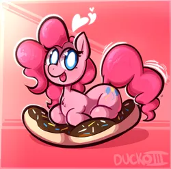 Size: 887x876 | Tagged: safe, artist:duckoiii, derpibooru import, pinkie pie, earth pony, pony, chest fluff, cute, diapinkes, donut, female, food, heart, heart eyes, mare, ponyloaf, prone, sitting, solo, tongue out, wingding eyes