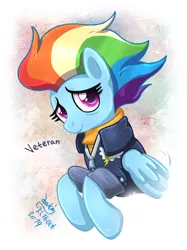 Size: 897x1200 | Tagged: safe, artist:joakaha, derpibooru import, rainbow dash, pegasus, pony, the last problem, clothes, female, jacket, looking at you, mare, older, older rainbow dash, signature, smiling, solo