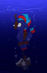 Size: 691x1080 | Tagged: semi-grimdark, derpibooru import, oc, oc:hellfire, unofficial characters only, pegasus, pony, air bubble, asphyxiation, blue fur, bondage, bound, bound wings, bubble, colt, drowning, foal, gag, helpless, imminent death, male, red eyes, rock, rope, rope bondage, rope gag, tied up, underwater, unsexy bondage, water, wings