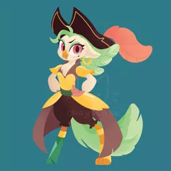 Size: 1920x1920 | Tagged: amputee, anthro, artist:cilveon, beauty mark, bird, captain celaeno, celaenobetes, cute, derpibooru import, ear piercing, earring, female, hands on hip, hat, jewelry, lineless, looking at you, my little pony: the movie, parrot, piercing, pirate, pirate hat, prosthetic leg, prosthetic limb, prosthetics, safe, simple background, solo, teal background