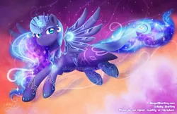 Size: 1280x829 | Tagged: safe, artist:abbystarling, deleted from derpibooru, derpibooru import, princess luna, alicorn, pony, clothes, cloud, cosplay, costume, crossover, crown, cute, ethereal mane, female, flying, galaxy mane, jewelry, lunabetes, mare, mercy, overwatch, regalia, sky, solo, spread wings, wings