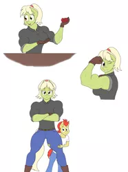 Size: 2176x2928 | Tagged: safe, artist:matchstickman, derpibooru import, bright mac, granny smith, anthro, earth pony, plantigrade anthro, apple, biceps, boots, breasts, busty granny smith, clothes, deltoids, duo, female, flexing, food, gloves, granny smash, jeans, looking at you, male, mare, mother and child, mother and son, muscles, one eye closed, pants, shirt, shoes, simple background, standing, white background, wink, younger, young granny smith