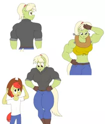 Size: 2808x3328 | Tagged: safe, artist:matchstickman, derpibooru import, bright mac, granny smith, anthro, earth pony, plantigrade anthro, abs, armpits, back muscles, biceps, boots, breasts, bright mac's hat, busty granny smith, clothes, deltoids, duo, female, gloves, granny smash, jeans, male, mare, midriff, mother and child, mother and son, muscles, pants, shirt, shoes, simple background, sweat, white background, yoke, younger, young granny smith