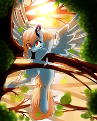 Size: 3200x4000 | Tagged: safe, artist:asimplerarity, derpibooru import, derpy hooves, pegasus, pony, backlighting, cute, derpabetes, ear fluff, eye clipping through hair, feather, female, hang in there, hanging, hanging on, high res, mare, open mouth, solo, spread wings, tree, tree branch, wings