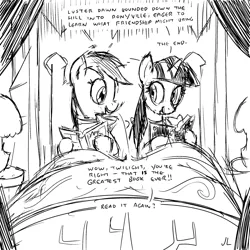 Size: 2200x2200 | Tagged: safe, artist:docwario, derpibooru import, rainbow dash, twilight sparkle, pegasus, pony, the last problem, bed, bedside stand, book, clothes, dashtober, female, implied luster dawn, lamp, lesbian, mare, monochrome, pajamas, reading, shipping, sketch, twidash