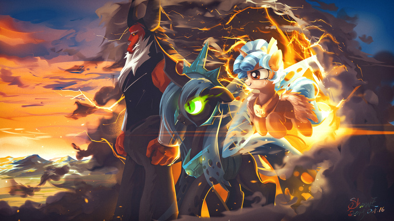 Size: 8000x4500 | Tagged: safe, artist:coldrivez, derpibooru import, cozy glow, lord tirek, queen chrysalis, alicorn, centaur, changeling, pony, the ending of the end, absurd resolution, alicornified, badass, cozycorn, epic, female, filly, legion of doom, male, race swap, sky, trio, ultimate chrysalis, wallpaper