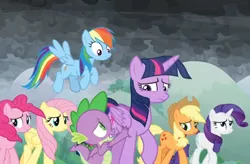 Size: 1172x768 | Tagged: alicorn, applejack, cloud, cloudy, cold, dark, dark clouds, derpibooru import, dragon, fluttershy, flying, mane six, pinkie pie, rainbow dash, rarity, sad, safe, screencap, spike, the ending of the end, twilight sparkle, twilight sparkle (alicorn), windy, winged spike, worried