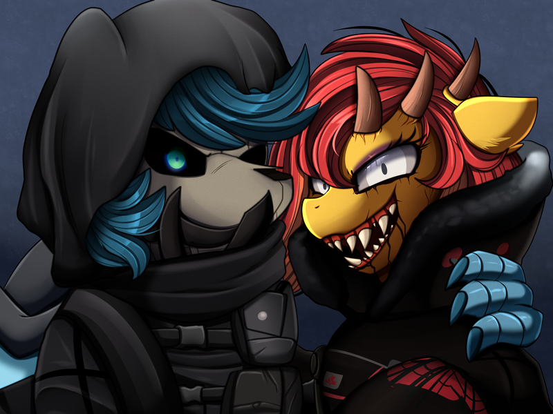 Size: 2379x1783 | Tagged: safe, artist:pridark, derpibooru import, oc, unofficial characters only, pony, bust, clothes, commission, costume, halloween, holiday, horns, open mouth, portrait, rainbow six, tom clancy, video game crossover