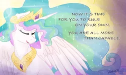 Size: 1000x600 | Tagged: safe, artist:ruushiicz, derpibooru import, princess celestia, pony, end of ponies, eyes closed, message, signature, smiling, solo, sunlight