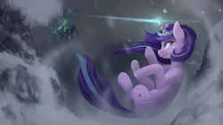 Size: 4000x2250 | Tagged: safe, artist:blackligerth, derpibooru import, queen chrysalis, starlight glimmer, changeling, changeling queen, pony, unicorn, the ending of the end, digital art, falling, female, fight, flying, glowing horn, horn, mare, scene interpretation, snow
