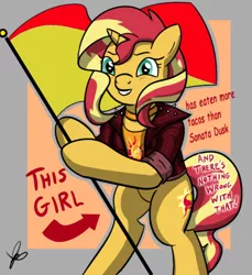 Size: 550x600 | Tagged: safe, artist:thedrizzle404, derpibooru import, edit, sonata dusk, sunset shimmer, pony, unicorn, arrow, bipedal, choker, clothes, female, flag, flag pole, food, grin, hoof hold, implied lesbian, implied sonata dusk, jacket, jewelry, leather jacket, looking at you, mare, meme, pride, pride flag, signature, smiling, solo, sonataco, squee, standing upright, taco, text, this cat is gay and there's nothing you can do about it