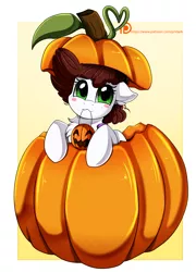 Size: 1758x2444 | Tagged: safe, artist:pridark, derpibooru import, oc, oc:graph travel, unofficial characters only, pegasus, pony, :3, blushing, clothes, cute, female, freckles, halloween, holiday, mare, mouth hold, ocbetes, patreon, patreon reward, pumpkin, solo, vest