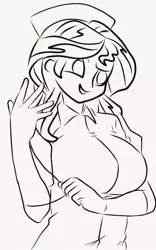 Size: 733x1173 | Tagged: safe, artist:drunken bubblez, deleted from derpibooru, derpibooru import, sunset shimmer, equestria girls, breasts, busty sunset shimmer, clothes, female, gloves, monochrome, nurse outfit, solo