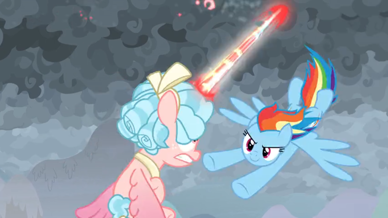 Size: 1366x768 | Tagged: safe, derpibooru import, screencap, cozy glow, rainbow dash, alicorn, pony, the ending of the end, alicornified, blast, cloud, cozycorn, dark, dark clouds, dodge, fast, flying, magic, magic beam, magic blast, race swap