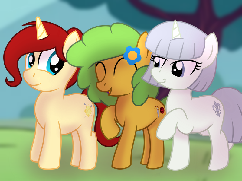 Size: 1600x1200 | Tagged: safe, artist:toyminator900, derpibooru import, oc, oc:golden brooch, oc:rancheree, oc:rosa bianca, unofficial characters only, earth pony, pony, unicorn, flower, raised hoof, show accurate, smiling