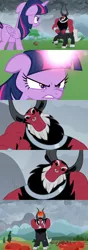 Size: 1358x3842 | Tagged: alicorn, angry, aura, boulder, bracer, centaur, cloud, cloudy, cloven hooves, comic, cracking joints, dark, dark clouds, derpibooru import, edit, edited screencap, levitation, lord tirek, magic, male, nose piercing, nose ring, orb, piercing, ready to fight, safe, screencap, screencap comic, telekinesis, the ending of the end, tree, twilight sparkle, twilight sparkle (alicorn), twilight vs tirek