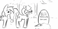 Size: 3000x1500 | Tagged: safe, artist:anonymous, derpibooru import, applejack, rainbow dash, earth pony, pegasus, pony, /mlp/, 4chan, drawthread, duo, gravestone, monochrome, sketch, text