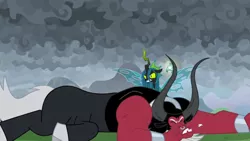 Size: 1366x768 | Tagged: angry, bell, bracer, centaur, chipped tooth, cloud, cloudy, cloven hooves, colored hooves, dark clouds, derpibooru import, grogar's bell, injured, knock out, lord tirek, male, nose piercing, nose ring, piercing, queen chrysalis, safe, screencap, teeth, the ending of the end, tooth