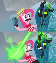 Size: 1360x1532 | Tagged: safe, derpibooru import, edit, edited screencap, screencap, pinkie pie, queen chrysalis, changeling, earth pony, pony, the ending of the end, :<, angry, armor, beam, bipedal, blast, bowtie, carny, chrysalis blasts things, clothes, colored sclera, comic, doll, facial hair, fake moustache, fangs, female, final battle, former queen chrysalis, frown, frustrated, glare, glowing horn, gritted teeth, hat, hoof hold, horn, livid, magic, magic beam, magic blast, mare, meme origin, moustache, plushie, queen chrysalis is not amused, ragdoll, raised eyebrow, raised hoof, screencap comic, shrunken pupils, sin of wrath, smiling, surprised, toy, ultimate chrysalis, unamused, wide eyes, yikes