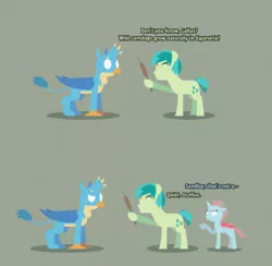 Size: 2960x2891 | Tagged: safe, artist:gd_inuk, derpibooru import, gallus, ocellus, sandbar, changedling, changeling, earth pony, gryphon, pony, 2 panel comic, blank eyes, cattails, comic, corn, corndog, dialogue, doubt, empty eyes, female, food, green background, herbivore vs carnivore, hoof hold, inktober, inktober 2019, lineless, male, meat, no mouth, no pupils, ocellus is not amused, plant, prank, sausage, simple background, stylized, unamused