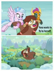 Size: 2522x3326 | Tagged: bad idea, be careful what you wish for, bow, classical hippogriff, cloven hooves, colored hooves, derpibooru import, didn't think this through, dragon, dragoness, edit, edited screencap, falling, female, flying, hair bow, hippogriff, monkey swings, safe, school daze, school raze, screencap, silverstream, smolder, this will end in death, this will end in tears, this will end in tears and/or death, this will not end well, too dumb to live, yak, yona