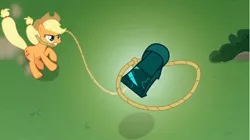 Size: 1368x768 | Tagged: safe, derpibooru import, screencap, applejack, pony, the ending of the end, from above, grass, ground, lasso, levitation, magic, rope, sliding, solo, telekinesis