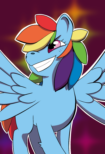 Size: 800x1172 | Tagged: safe, artist:snownebula, derpibooru import, rainbow dash, pegasus, pony, abstract background, blushing, female, grin, hair over one eye, mare, smiling, solo, spread wings, wings