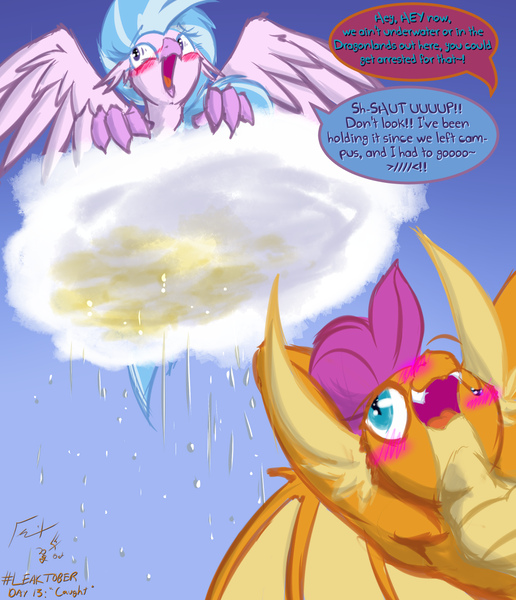 Size: 1211x1408 | Tagged: armpits, artist:frist44, blushing, blush sticker, caught, classical hippogriff, cloud, derpibooru import, dragon, embarrassed, female, fetish, golden shower, hippogriff, leaktober, leaktober 2019, naughty, older, pissing, public urination, rain, silverstream, smolder, suggestive, urine, watersports, yellow rain