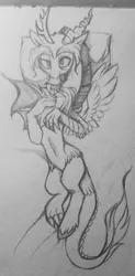 Size: 1011x2048 | Tagged: artist:wkirin, body pillow, body pillow design, derpibooru import, discord, draconequus, looking at you, male, monochrome, safe, sketch, solo, traditional art